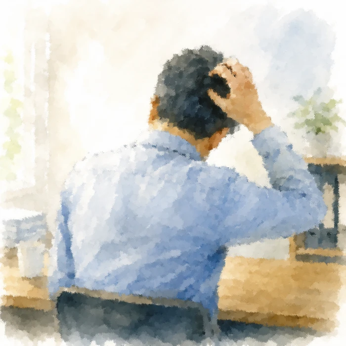 気を張り続けて頭を抱える50代男性を表現した水彩画風イラスト