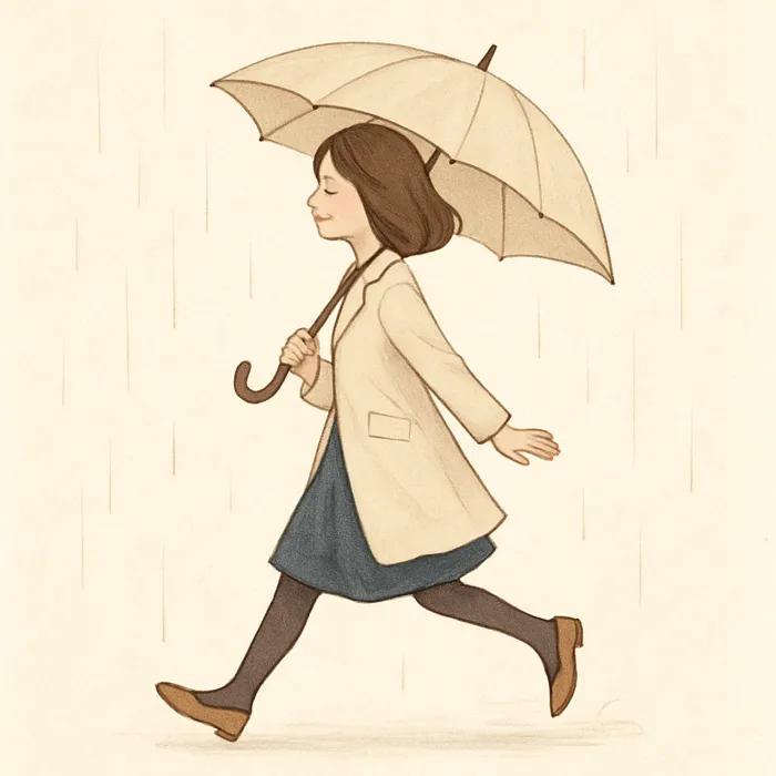 傘をさしてスキップする、横から見た女性のイラスト