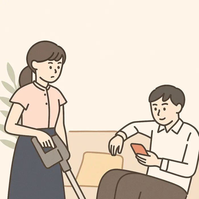家事をする女性と、くつろぐ男性の様子