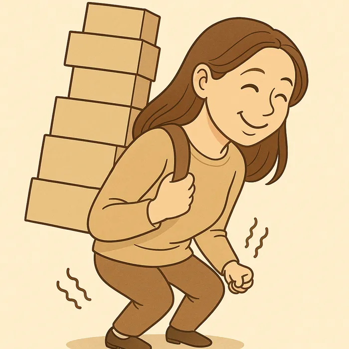 背中に荷物を背負いながらも笑顔の女性のイラスト