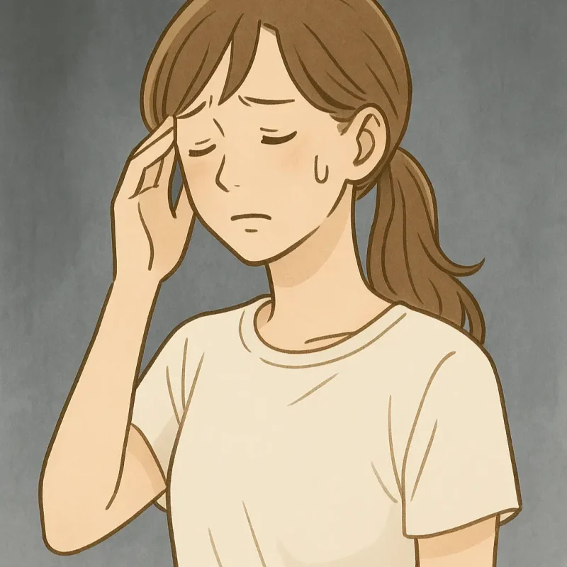 こめかみに手を添え冷や汗を流す女性