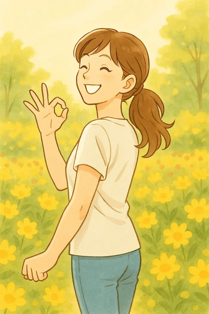 ごきげんに満開の花畑を歩く女性のOKサイン