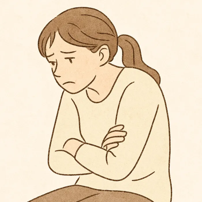 腕を組み猫背でうつむく女性のイラスト
