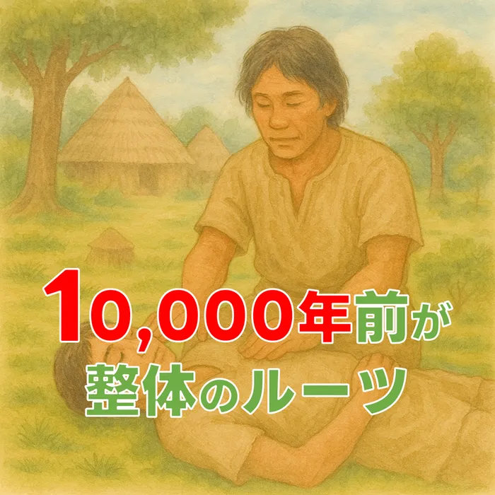 縄文時代を背景に人が手当を行う様子を描いた、整体の起源をイメージしたイラスト