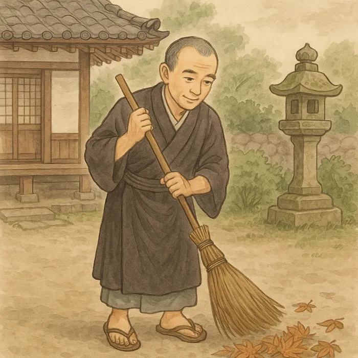 僧侶がお寺の庭掃除をするイラスト