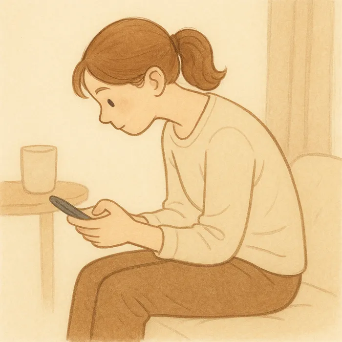 スマートフォンに夢中でストレートネックになる女性のイラスト