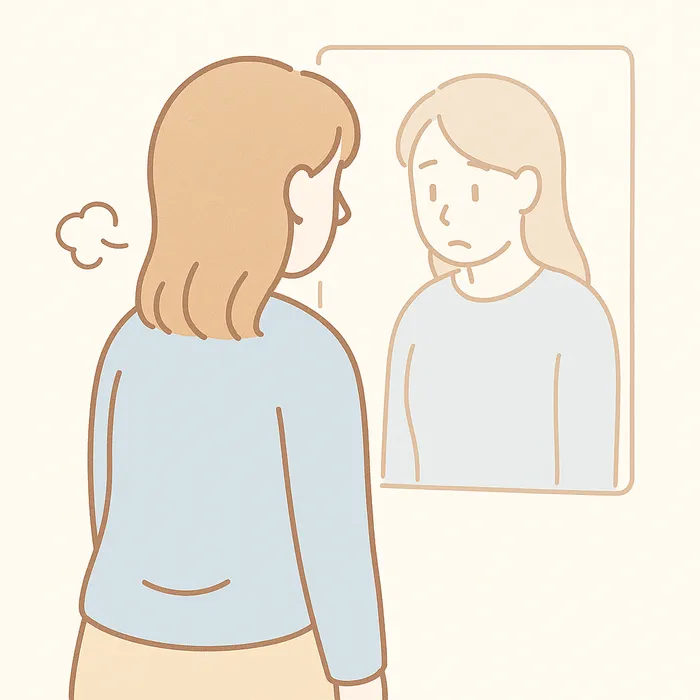 鏡に映る猫背の姿勢にがっかりする女性のイラスト