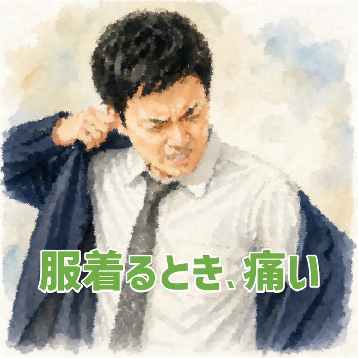 服を着るときに肩の痛みで腕が上がらない様子（四十肩）