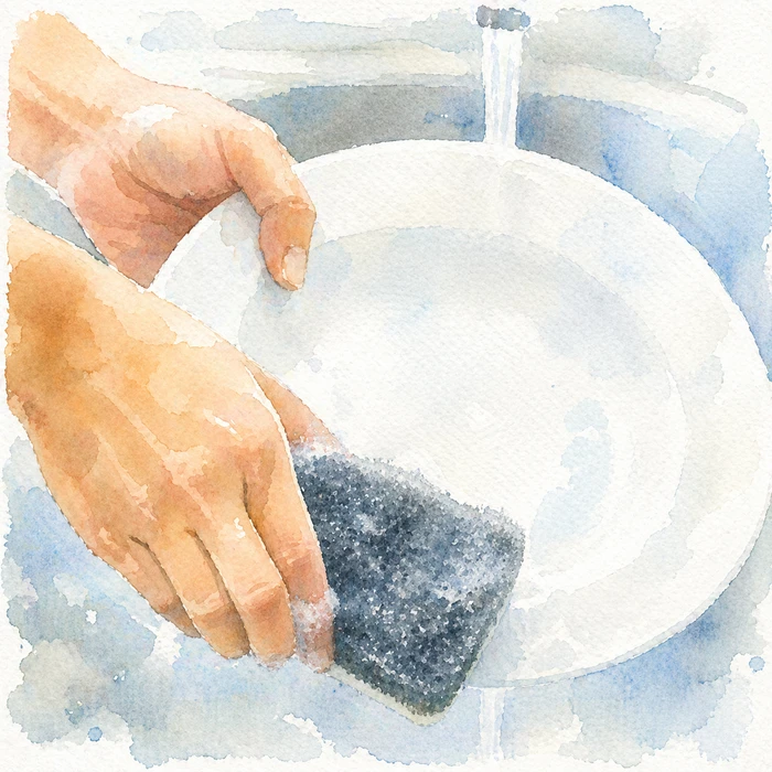 指の痛みで食器洗いがつらい様子のイメージ