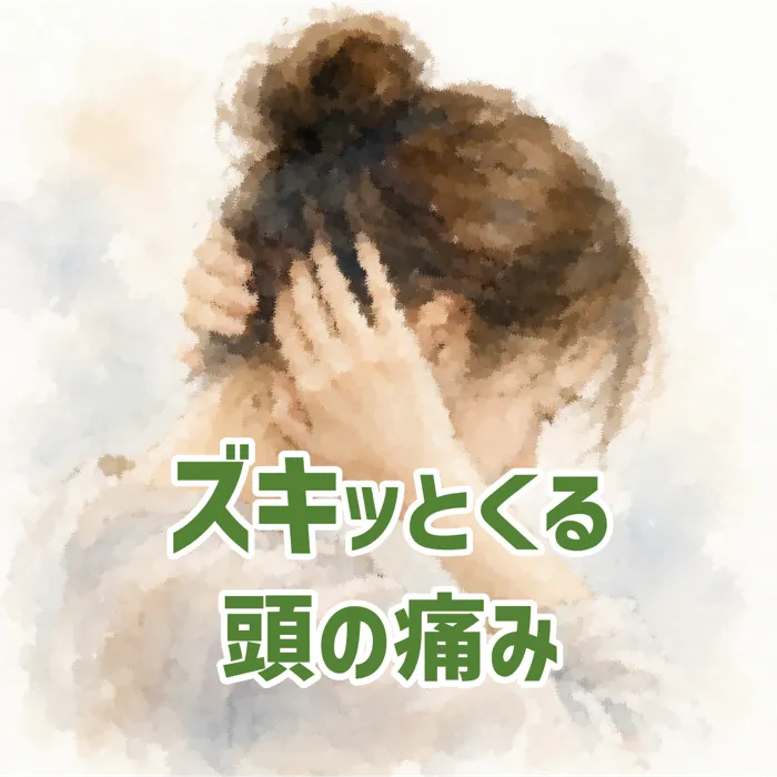 後頭部を両手で押さえる女性　ズキッとする頭の痛みや後頭部神経痛のイメージ