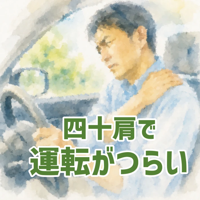 四十肩・五十肩で肩を押さえながら運転している男性を描いた水彩画風イラスト
