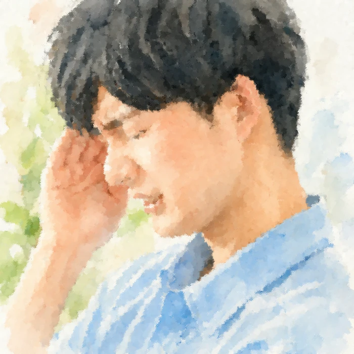 こめかみの頭痛でつらそうにしている男性の様子を表した水彩タッチのイラスト